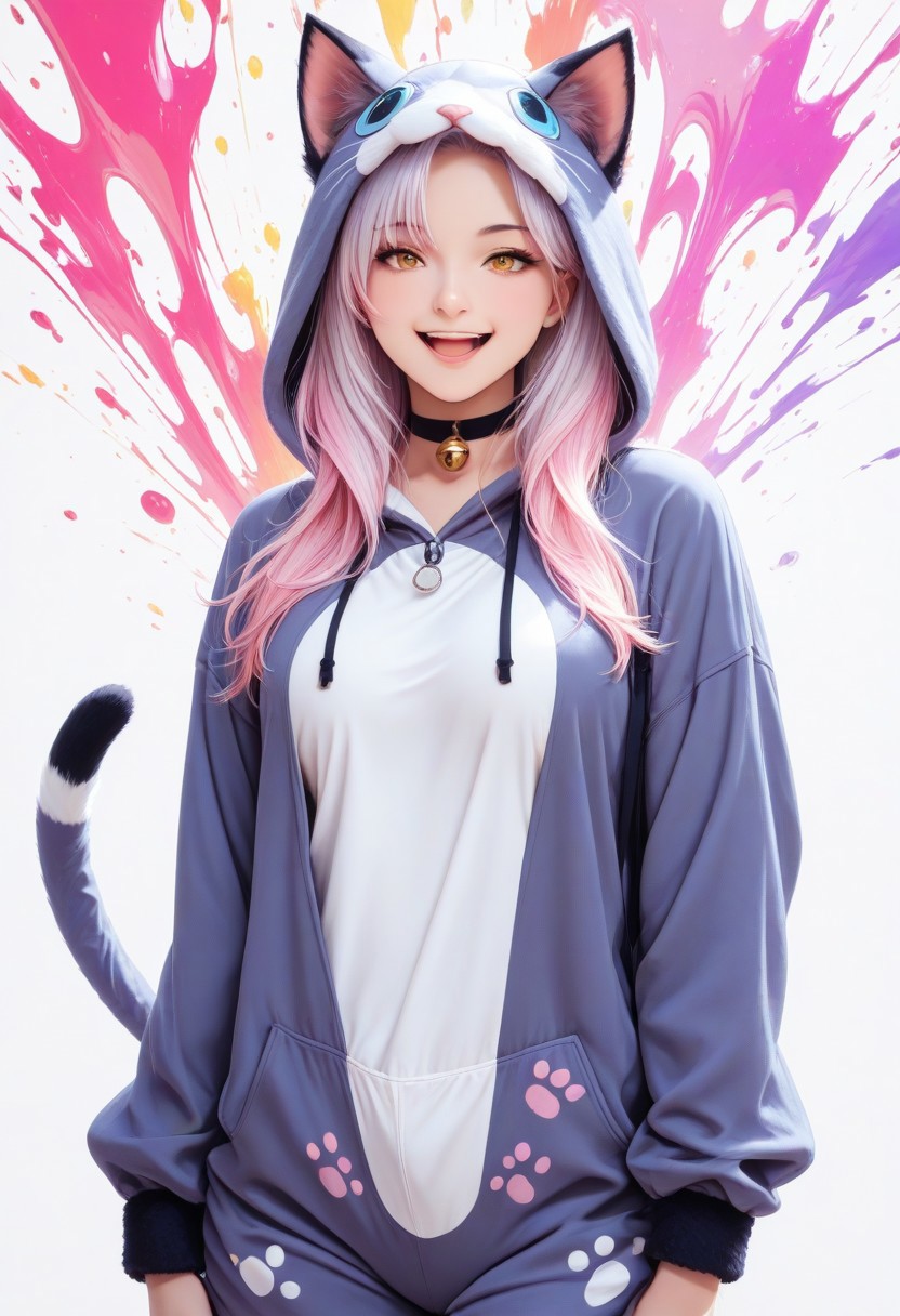 masterpiece, high quality, best quality, highres, animal costume, color splash, vibrant colors, Kyoko, 1girl, cute, cat girl, :D