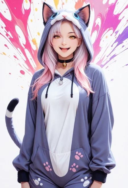 masterpiece, high quality, best quality, highres, animal costume, color splash, vibrant colors, Kyoko, 1girl, cute, cat girl, :D