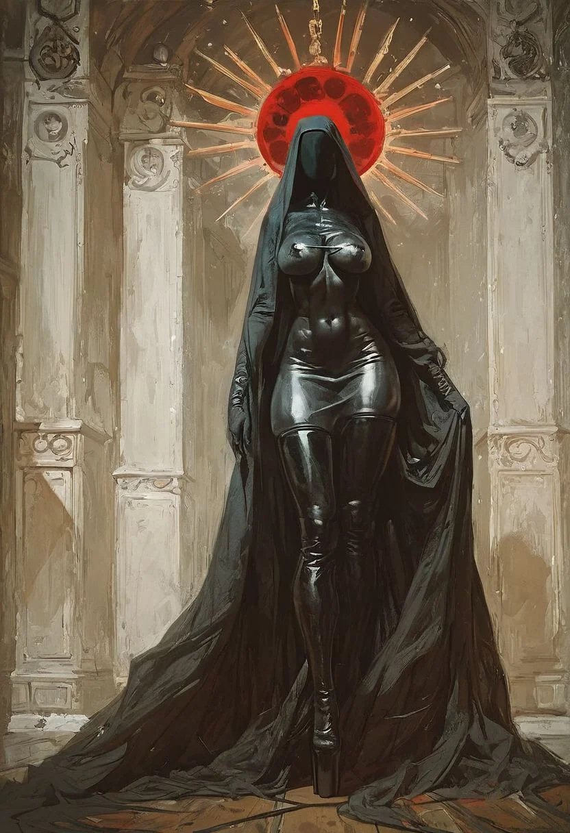 ((score_9, score_8_up, score_7_up)), (((character design, sci-fi warrior women, feminine power, perfect anatomy))),
An enigmatic figure of a (satanic)nun(caucasian), her red and black (seamless)habit skintight sexy, conducting a sensual satanic ritual inside a dark cathedral during night under a red eclipse. Her (eyeless)mask, (fully)conceals her identity, adding to her mystique and allure., latex stiletto platform thigh boots, huge breasts tiny waist, naughty, looking at viewer, seducing with her body, dancing towards viewer with her arms extending up, sexy ass seductive wide hips, butt cheeks, twerk, huge perky breasts, in the style of a vintage, high-contrast setting. Emphasize theatrical elements with bursts of bright colors against dark, moody backgrounds
,big butt, booty, bubble butt, <lora:add-detail-xl:2>