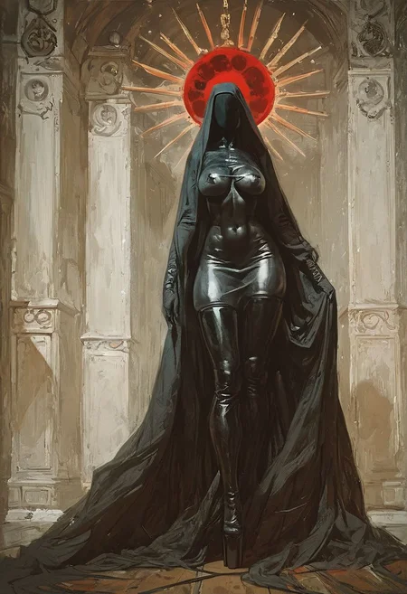 ((score_9, score_8_up, score_7_up)), (((character design, sci-fi warrior women, feminine power, perfect anatomy))),
An enigmatic figure of a (satanic)nun(caucasian), her red and black (seamless)habit skintight sexy, conducting a sensual satanic ritual inside a dark cathedral during night under a red eclipse. Her (eyeless)mask, (fully)conceals her identity, adding to her mystique and allure., latex stiletto platform thigh boots, huge breasts tiny waist, naughty, looking at viewer, seducing with her body, dancing towards viewer with her arms extending up, sexy ass seductive wide hips, butt cheeks, twerk, huge perky breasts, in the style of a vintage, high-contrast setting. Emphasize theatrical elements with bursts of bright colors against dark, moody backgrounds
,big butt, booty, bubble butt, <lora:add-detail-xl:2>