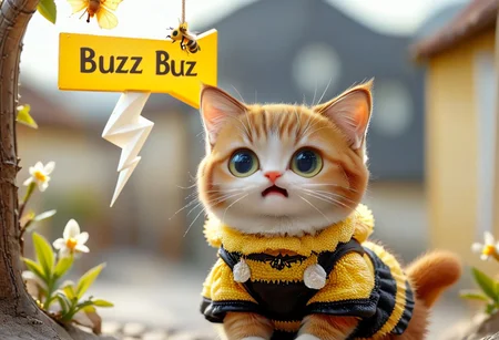 photorealistic 
a cute kitten with a sign around their neck,  kitten is wearing a bee costume,(((Sign hanging around neck that says "Buzz Buzz"))), kitten is riding on lightning bolt and smiling 
1cat
highly detailed, aesthetic, great lighting, extremely detailed, award winning, perfect composition, a rich and complex image of nature, a vibrant tissue of hues and textures captured digitally, best quality, realistic, captivating, intricately detailed, hyper detailed, maximalist style, photorealist, sharp focus, dynamic lighting, superb composition, finest details, highest aesthetics, best quality, sharp focus, high contrast, stylized, clear, colorful, ultra quality, 8k, best quality, masterpiece,midjourneyv6.1
AP, no humans, animal focus, cat ,looking at viewer, animal,whiskers