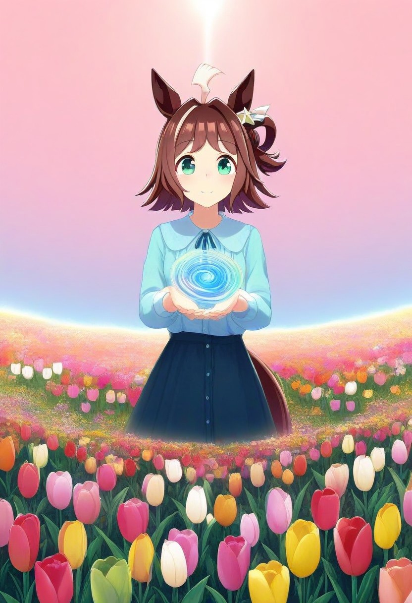 (umamusume, rhein_kraft_(umamusume), horse_ears, horse_girl, tail, 1girl, Tulip, animal_ears,), 
casual, field, flower, flower_field, green_eyes, hair_between_eyes,  solo, , symmetric ,spiralling vortex made of multicoloured tulips,ripples, reflective, jaynl-tm, rainbow, , g0ldsw0rthy,
(realistic, photo,  artistic, medium_hair, one_eye_closed, petals, relaxing,  lush foliage sunrise,  ,  : 0.7)