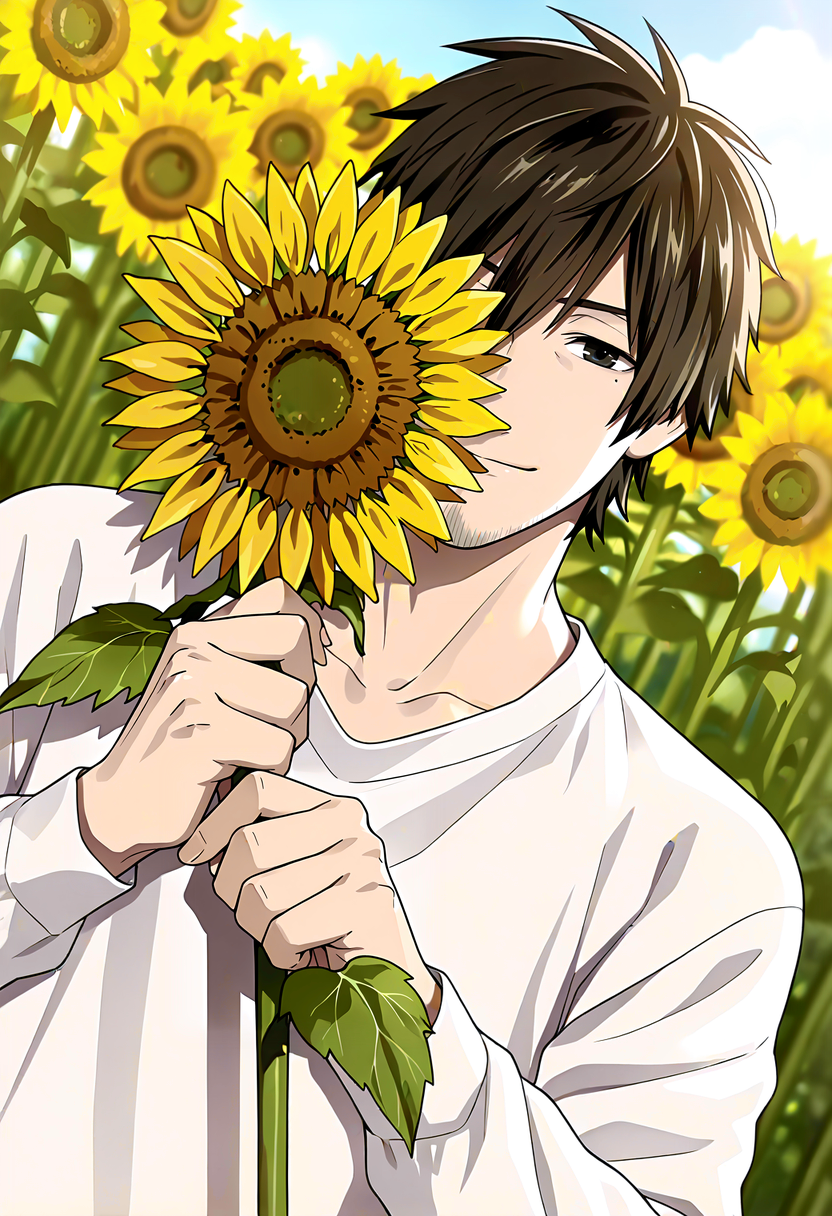 <lora:Kagami_Kazumi_Liar_Uncover_the_Truth:1> masterpiece, best quality, newest, absurdres, anime screencap, intricate details, good quality, very awa, highres, perfect proportions, perfect eyes, amazing quality, very aesthetic, 1boy, KKzm1, brown_KKzm1_hair, black_KKzm1_eyes, anime coloring, mature male, male focus, solo, (goatee stubble:0.75),  upper body, looking at viewer, smile, holding, sunflower, flower covering one eye, white shirt, long sleeves, blurry background, outdoors, day, summer, close-up, shadow, dutch angle,  dynamic action, intricate lighting, intricately detailed illustration, depth of field,