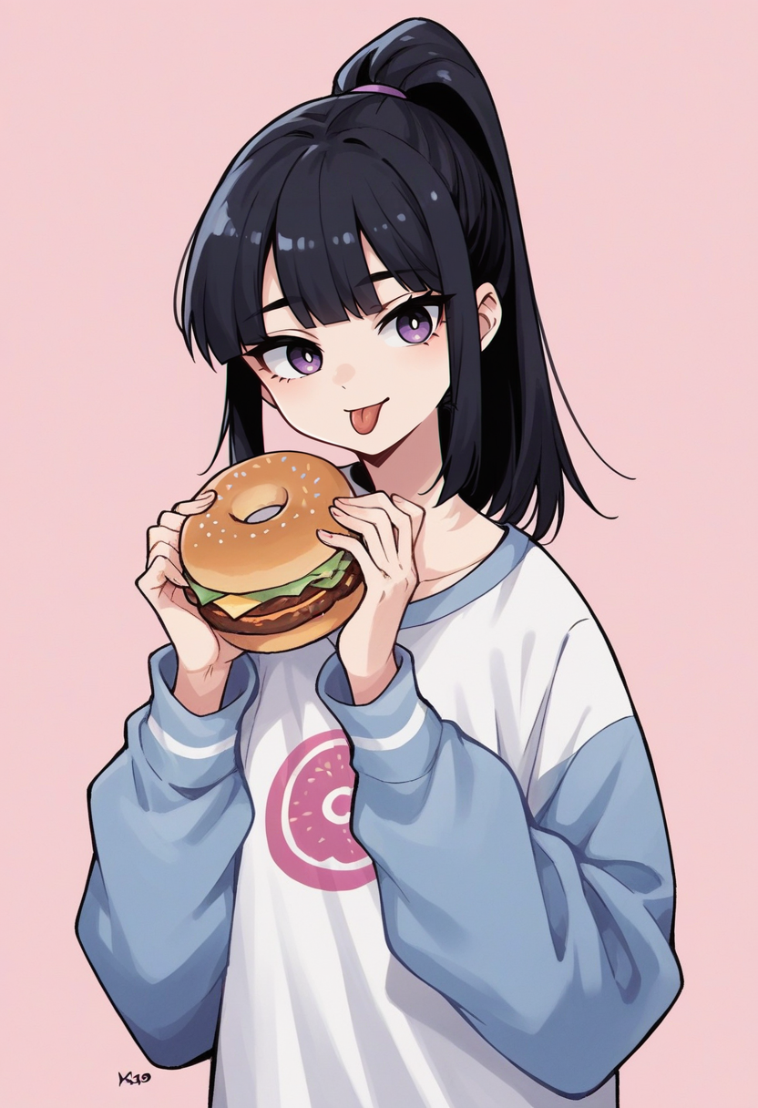 score_9, score_8_up, score_7_up, score_6_up, score_5_up, garouma, 1girl, food, wagashi, dango, solo, taiyaki, black hair, tongue out, shirt, tongue, doughnut, purple eyes, fruit, long sleeves, skewer, bangs, ponytail, burger, pink background, upper body <lora:garoumaXLP:1>