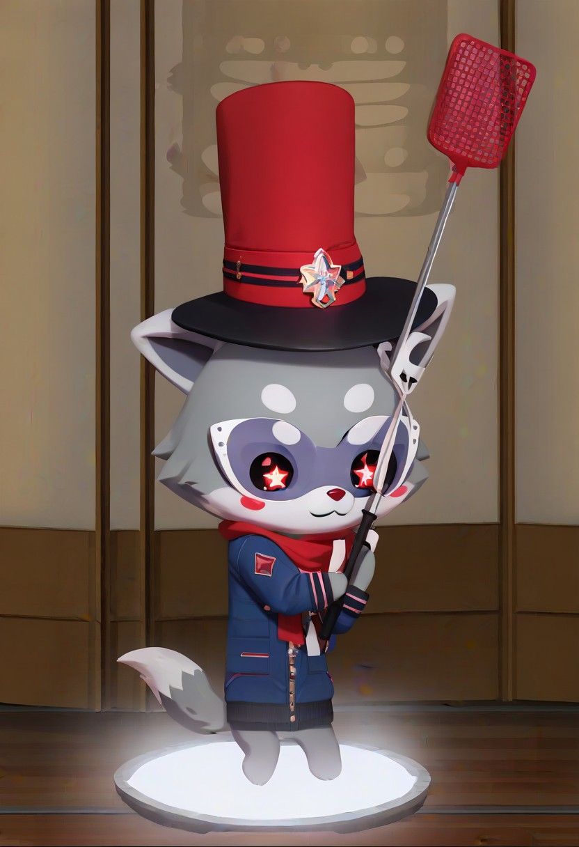 Super Animal Royale, detailxl, score_9, score_8_up, score_7_up, score_6_up, score_5_up,, detailed eyes, detailed face, detailed hands, top down full body view,  NightScapes, wolf, cozy atmosphere, creative light overlay, 4k, masterpiece, (masterpiece), best quality, (4K), (cinematic lighting), highly detailed, 8K, UHD, ultra detailed, immersive picture, vivid colors, volumetric light, cinematic light, extremely detailed CG, fox is wearing a jacket and a hat while holding a flyswatter