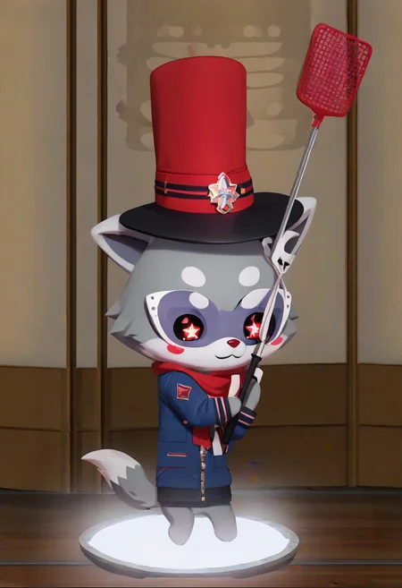 Super Animal Royale, detailxl, score_9, score_8_up, score_7_up, score_6_up, score_5_up,, detailed eyes, detailed face, detailed hands, top down full body view,  NightScapes, wolf, cozy atmosphere, creative light overlay, 4k, masterpiece, (masterpiece), best quality, (4K), (cinematic lighting), highly detailed, 8K, UHD, ultra detailed, immersive picture, vivid colors, volumetric light, cinematic light, extremely detailed CG, fox is wearing a jacket and a hat while holding a flyswatter