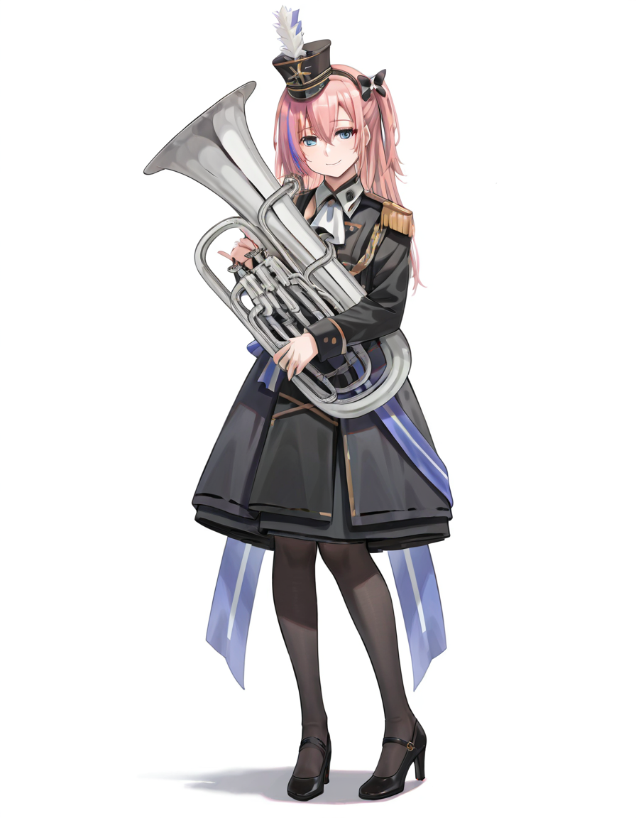 Volumetric Lighting, (masterpiece), (best quality), (ultra-detailed), masterpiece, source_anime, score_9, score_8_up, score_7_up BREAK, illustration, disheveled hair, detailed eyes, perfect composition, moist skin, intricate details, detailed eyes, detailed face, detailed fingers BREAK, blue eyes, pink hair, one side up,streaked hair,long hair BREAK, BreezeOnASpringDay,instrument, holding instrument, BOSD_hairband, BOSD_hair_bow, BOSD_shako_cap, BOSD_pantyhose, BOSD_epaulettes, BOSD_high_heels, BOSD_uniform, BOSD_dress BREAK, ((white background)), looking at viewer, smile, full body, shadow, hair between eyes
