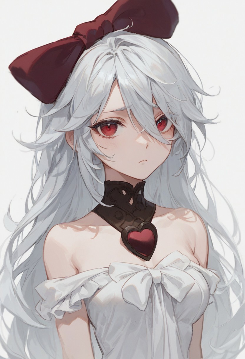 score_9, score_8_up, score_7_up, sinestrea, 1girl, white hair, bare shoulders, white dress, frown hair bow, long hair, heart brooch, medium breasts, hair bow, ribbon, red eyes,