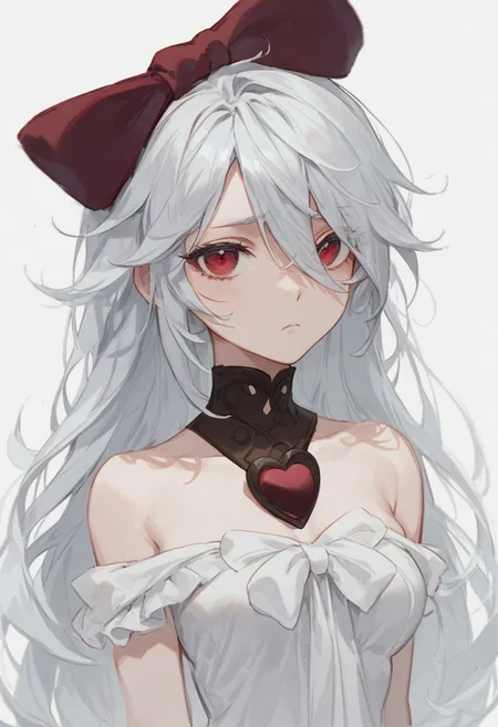 score_9, score_8_up, score_7_up, sinestrea, 1girl, white hair, bare shoulders, white dress, frown hair bow, long hair, heart brooch, medium breasts, hair bow, ribbon, red eyes,