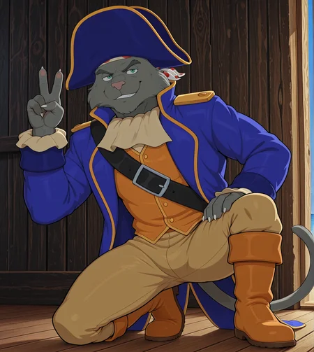 (solo), anthro, furry, male, male focus, manly, solo, captainclaw, green eyes, looking at viewer, pirate hat, pants, boots, smug,victory position,
BREAK masterpiece, best quality, amazing quality, very aesthetic, high resolution, ultra-detailed, absurd res, newest, <lora:CaptainClaw:1>