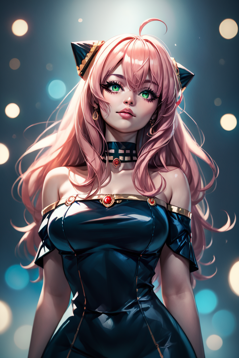 score_9, score_8_up, score_8, medium breasts, (curvy), cute, eyelashes, solo,      ,,,  zzAnya, green eyes, hair between eyes, ahoge, pink hair, long hair, hair ornament, hairpods,  gold hairband,hair flower, black choker, black dress,sleeveless,off shoulder, floral print, fingerless gloves, black footwear,thigh holding dagger,  ,<lora:AdultAnyaPDXL:1.0>,  ,,,BREAK,  (ultra realistic,32k, masterpiece:1.2),(high detailed skin:1.1),( high quality:1.1), head tilt, lips, closed mouth, shiny clothes, (upper body), looking at viewer, bokeh, luminescent background, ,,, embedding:zPDXL, Expressiveh, ,,, <lora:RlAnmPDXL:1.0>,