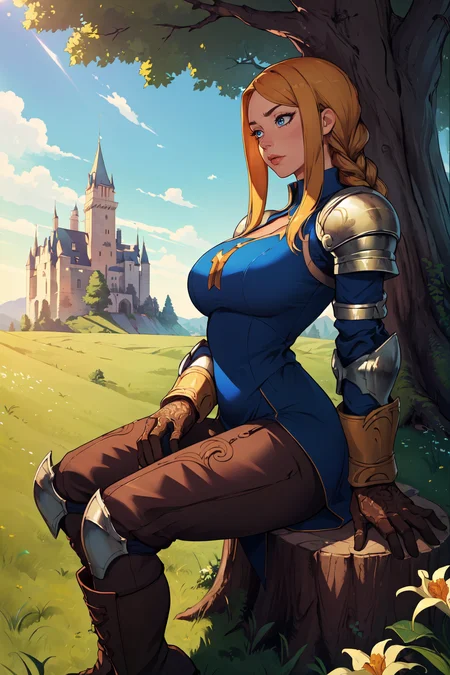 (masterpiece, best quality, absurdres, 4k, aesthetic, detailed, intricate, perfect lighting),cinematic angle,cinematic lighting,castle in backgorund,grassy field,sunlight,1girl,sitting,tree stump,flower in foreground,agrias,armor, blue dress, brown gloves, pants,cross-laced boots <lora:agrias-nvwls-v3:0.7>