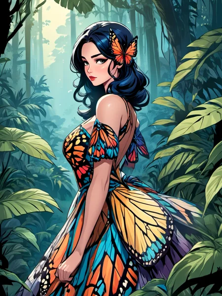 comic beautiful woman wearing a (butterfly dress) in Jungle, <lora:xl_butterfly_dress-1.0:0.8>, Kneeling . graphic illustration, comic art, graphic novel art, vibrant, highly detailed