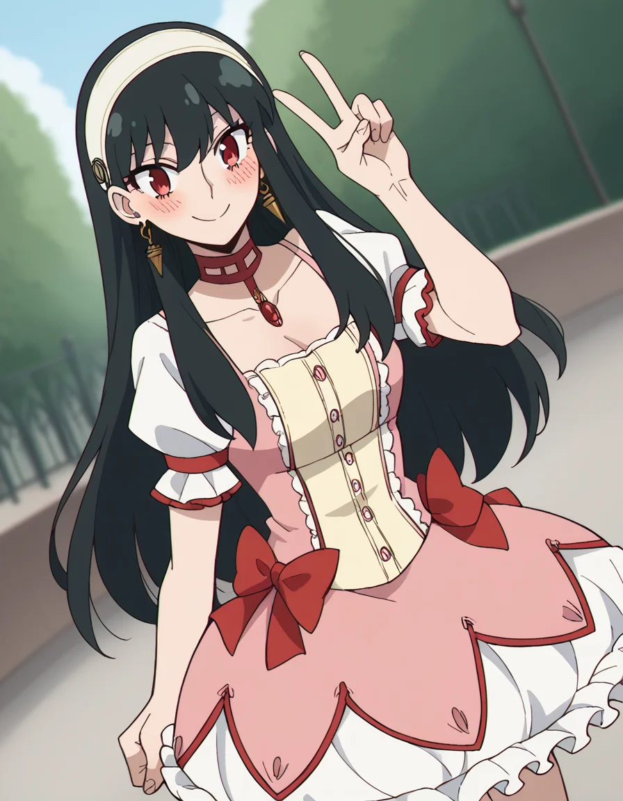 score_9, score_8_up, score_7_up, source_anime, yorbriar, <lora:yor-briar-s1-ponyxl-lora-nochekaiser:1>, yor briar, black hair, red eyes, earrings, white hairband, hairband, long hair, sidelocks,, <lora:kaname-madoka-cosplay-ponyxl-lora-nochekaiser:1>, kanamemadokacosplay, kaname madoka \(cosplay\), chest jewel, dress, frilled dress, frills, magical girl, neck ribbon, pink dress, puffy short sleeves, puffy sleeves,, outdoors, streets, smile, blush, v, v over eye,, cowboy shot, dutch angle, solo,