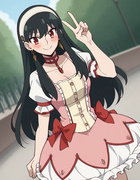 score_9, score_8_up, score_7_up, source_anime, yorbriar, <lora:yor-briar-s1-ponyxl-lora-nochekaiser:1>, yor briar, black hair, red eyes, earrings, white hairband, hairband, long hair, sidelocks,, <lora:kaname-madoka-cosplay-ponyxl-lora-nochekaiser:1>, kanamemadokacosplay, kaname madoka \(cosplay\), chest jewel, dress, frilled dress, frills, magical girl, neck ribbon, pink dress, puffy short sleeves, puffy sleeves,, outdoors, streets, smile, blush, v, v over eye,, cowboy shot, dutch angle, solo,