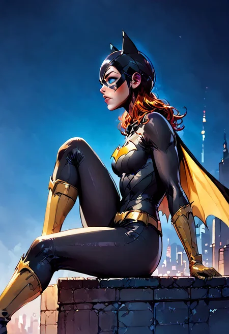 score_9, score_8_up, score_7_up, score_6_up, p1n7p, 1girl, orange hair, blue eyes, detailed eyes, freckles, batgirl mask, black bodysuit, yellow cape, yellow gloves, yellow belt, yellow highheel boots, sitting on roof top, dynamic angle, detailed background, cityscape, night, highly detailed, view from side