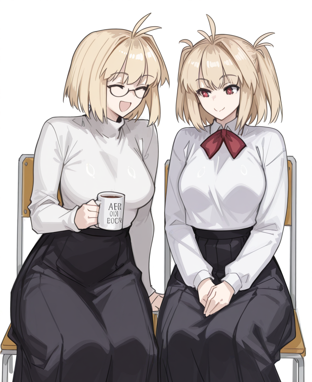 <lora:jonyeld:1> jonyeld,
(masterpiece), (best quality), (ultra-detailed), amazing quality, very aesthetic, illustration, perfect composition, intricate details, absurdres, incredibly absurdres, shiny skin, realistic,
 jonyeld, arcueid brunestud, sweater, blonde hair, multiple girls, red eyes, 2girls, smile, turtleneck, skirt, glasses, closed eyes, chair, long sleeves, breasts, short hair, , open mouth, black skirt, brown hair, simple background, antenna hair, sitting, shirt, red bow, long skirt, white shirt, two side up, turtleneck sweater, bow, red bowtie, closed mouth, bowtie, white background, collared shirt, cup, d, hair intakes, school uniform, arcueid brunestud, general