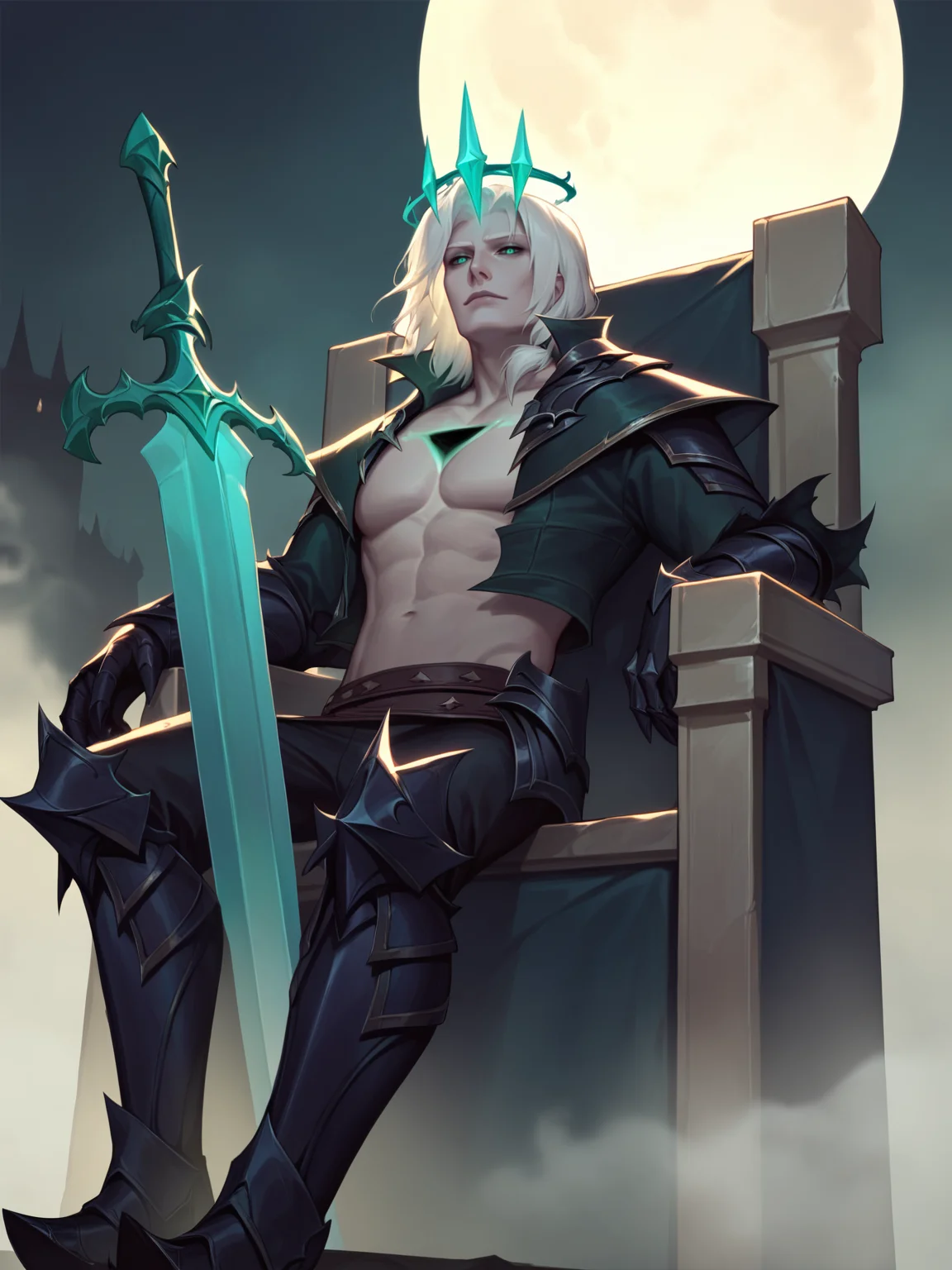 score_9, score_8_up, score_7_up, BREAK, Viego, 1man, solo, white hair, emerald halo crown, black wound in chest, high collar, short black jacket, black armored gauntlets, black pants, black armored boots, emerald sword Zweihander in hand, sitting on throne in shadows, midnight, moon, fog around, green mist around, arrogant look <lora:ViegoNormal:1>