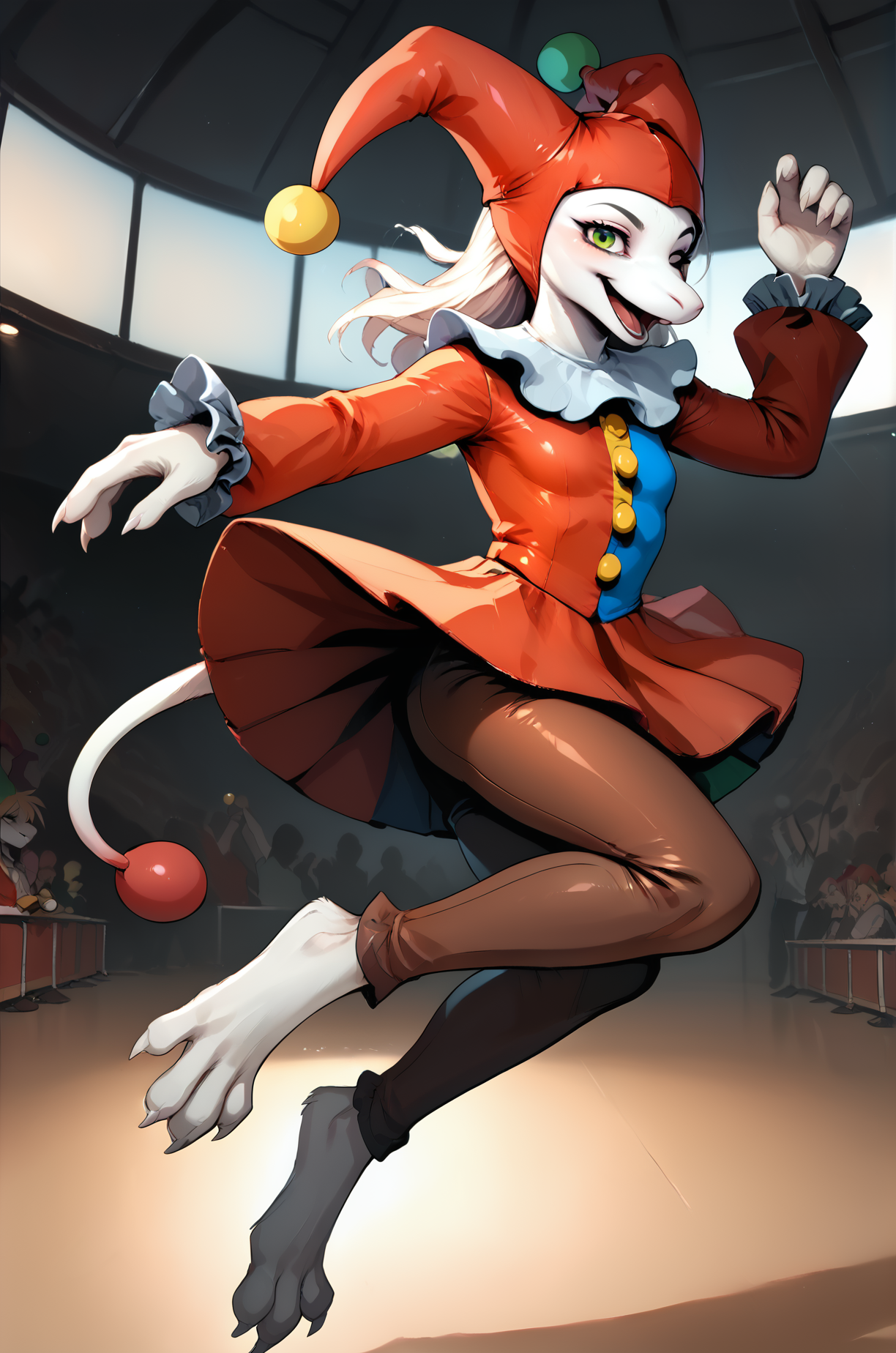 score_9, score_8_up, score_7_up, fluffy, tufts, furry, BREAK,
1girl, female, solo, freyac, white hair, white fur, jester, jester cap, from side, happy, excited, playful, full body, jumping, in air, floating, open smile, mouth open, looking at viewer, jester outfit, facing side, winking, green eyes, brown leggings, tailball, red tailball, white tail, jester shirt, pleated skirt, small breasts,
BREAK, wind, anime, cartoon, soft shading, circus background, indoors, circus, crowd, audience, dirt floor, spotlight, applause, auditorium, bleachers, elephant in background, detailed background,
zPDXL, <lora:Freya10S 97:1>, <lora:Pony_DetailV2.0:1>