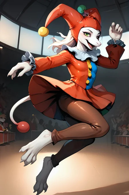 score_9, score_8_up, score_7_up, fluffy, tufts, furry, BREAK,
1girl, female, solo, freyac, white hair, white fur, jester, jester cap, from side, happy, excited, playful, full body, jumping, in air, floating, open smile, mouth open, looking at viewer, jester outfit, facing side, winking, green eyes, brown leggings, tailball, red tailball, white tail, jester shirt, pleated skirt, small breasts,
BREAK, wind, anime, cartoon, soft shading, circus background, indoors, circus, crowd, audience, dirt floor, spotlight, applause, auditorium, bleachers, elephant in background, detailed background,
zPDXL, <lora:Freya10S 97:1>, <lora:Pony_DetailV2.0:1>
