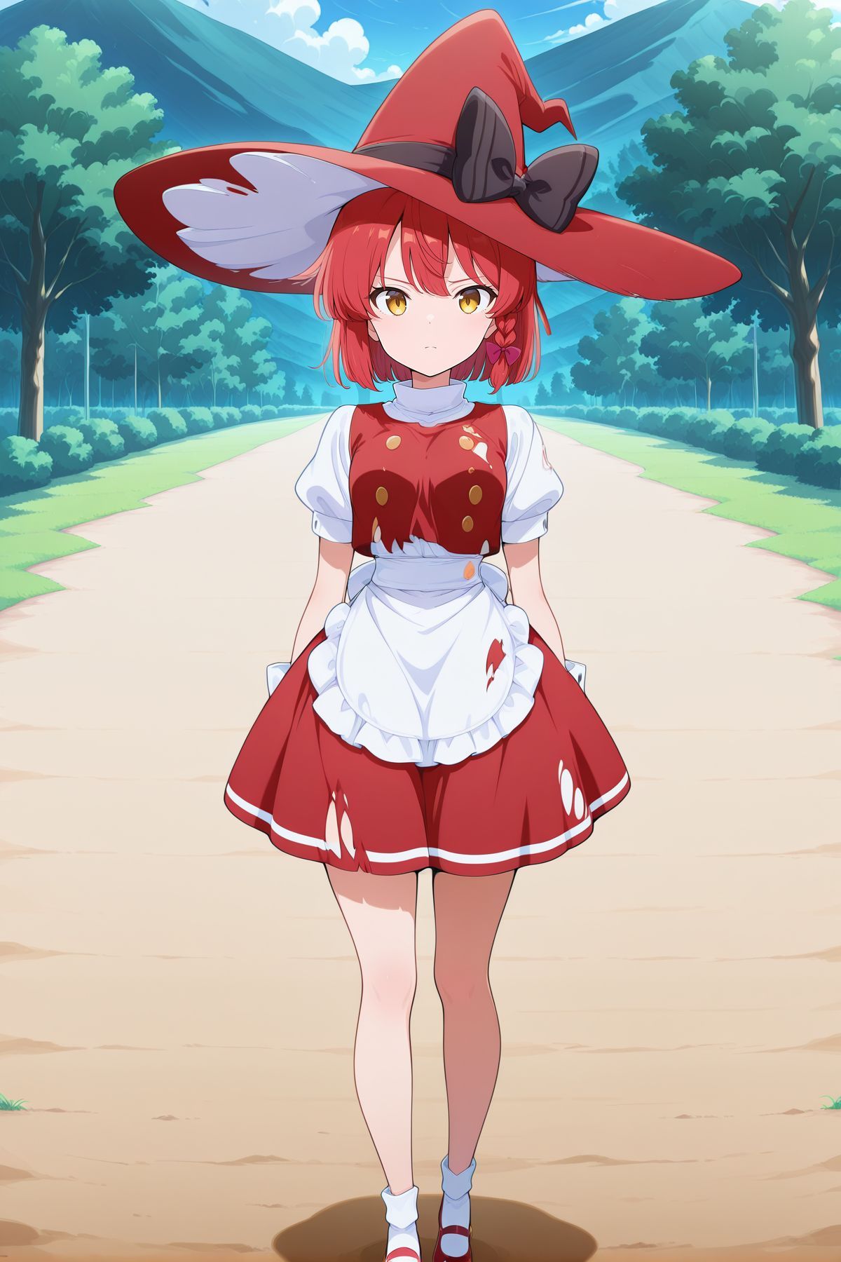 absurdres, highres, masterpiece, best quality, amazing quality, official anime artwork, screencap, anime screencap, outdoors, looking at viewer, light smile, dynamic pose, standing,
 <lora:Marisa-Kirisame-PC98_Illustrious:1> Marisa98, 1girl, solo, red eyes, red hair hair, short hair, small breasts,, 
<lora:Marisa-Kirisame_IllustriousV2:1>  witch hat, red hat, hair ribbon, red ribbon, black bow, hat bow, white shirt, short sleeves, puffy sleeves, red vest, torn vest, buttons, white wrist cuffs, waist apron, red skirt, socks, red mary janes, red boots, serious,