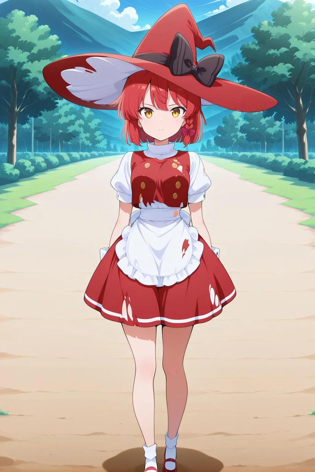 absurdres, highres, masterpiece, best quality, amazing quality, official anime artwork, screencap, anime screencap, outdoors, looking at viewer, light smile, dynamic pose, standing,
<lora:Marisa-Kirisame-PC98_Illustrious:1> Marisa98, 1girl, solo, red eyes, red hair hair, short hair, small breasts,,
<lora:Marisa-Kirisame_IllustriousV2:1> witch hat, red hat, hair ribbon, red ribbon, black bow, hat bow, white shirt, short sleeves, puffy sleeves, red vest, torn vest, buttons, white wrist cuffs, waist apron, red skirt, socks, red mary janes, red boots, serious,