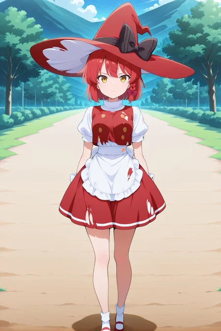 absurdres, highres, masterpiece, best quality, amazing quality, official anime artwork, screencap, anime screencap, outdoors, looking at viewer, light smile, dynamic pose, standing,
 <lora:Marisa-Kirisame-PC98_Illustrious:1> Marisa98, 1girl, solo, red eyes, red hair hair, short hair, small breasts,, 
<lora:Marisa-Kirisame_IllustriousV2:1>  witch hat, red hat, hair ribbon, red ribbon, black bow, hat bow, white shirt, short sleeves, puffy sleeves, red vest, torn vest, buttons, white wrist cuffs, waist apron, red skirt, socks, red mary janes, red boots, serious,
