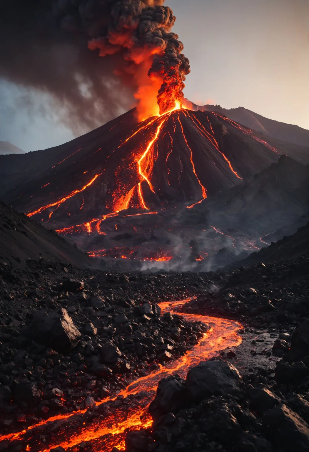 In the heart of a volcanic landscape, our fearless explorer finds themselves amidst a scene of impending chaos. Molten lava cascades down the mountainside, casting an ominous red glow across the rocky terrain. With smoke and ash billowing into the sky, the adventurer races against time, navigating treacherous paths strewn with debris as fiery explosions erupt around them, painting the scene with bursts of intense heat and light. 
many details, extreme detailed, full of details,
Wide range of colors.
Many details everywhere.  soft shadows. Low saturation colors. Insane quality. Insane resolution. Insane details. Masterpiece. 32k resolution.
Dramatic,Dynamic,Cinematic,Sharp details
 <lora:add-detail-xl:1>