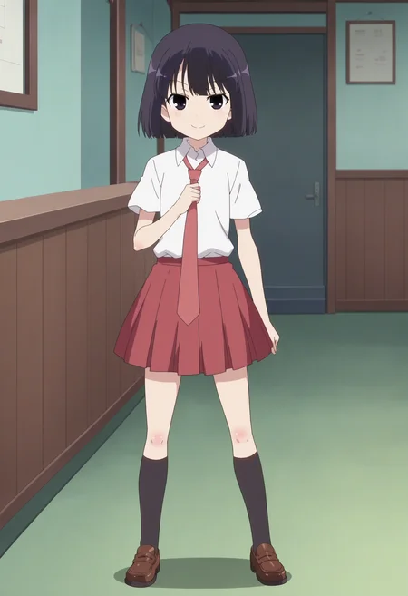 score_9, score_8_up, score_7_up, score_6_up, score_5_up, score_4_up , anime coloring ,BREAK source_anime, anime,screencap,
1girl, solo, aratas, school uniform, white shirt, necktie, black kneehighs, black eyes, kneehighs, red skirt, brown loafers, <lora:PonyXL Arata Sagimori V1:1>
indoors,
smile, looking at viewer,