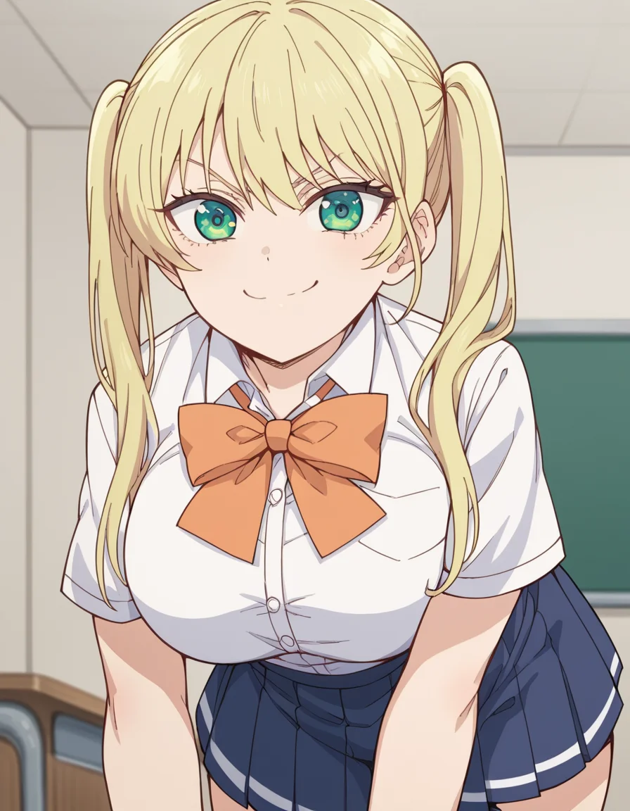 score_9, score_8_up, score_7_up, source_anime, <lora:rika-hoshizaki-s2-ponyxl-lora-nochekaiser:1>, rika hoshizaki, green eyes, blonde hair, twintails, large breasts,, skirt, shirt, bow, school uniform, white shirt, short sleeves, pleated skirt, bowtie, blue skirt,, indoors, bent over, smile, smug, looking at viewer, solo,, cowboy shot, dutch angle
