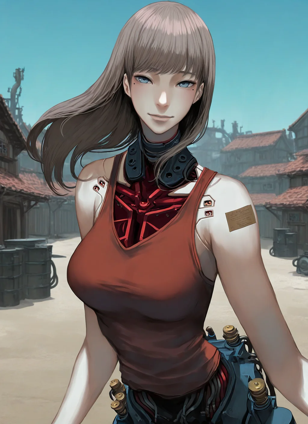 artist:, masterpiece, best quality, newest, very awa, absurdres, highres, jtts, 1girl, cyborg, wires, pipes, cybernetic body, Short and Tousled with Taper Fade hair, brunette hair, red tank top, closeup, reaching at viewer, daytime, village, blue sky, detailed, <lora:SDXL\Illustrous\Jittsu_style:1.0>