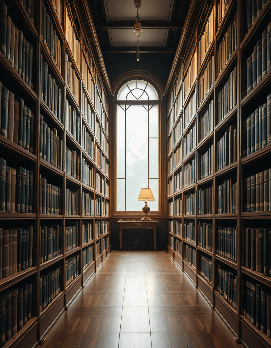 A quiet and dimly lit aisle in a grand university library, lined with tall wooden bookshelves filled with countless books of various sizes and colors. The shelves stretch high, nearly reaching the ceiling, with small ladders placed along the aisle for access to the upper rows. The soft glow of overhead lights casts a warm ambiance, illuminating the dust particles floating in the air. The floor is covered in polished hardwood or a subtle-patterned carpet, absorbing the quiet footsteps of visitors. At the far end of the aisle, a large window lets in a gentle stream of natural light, creating a contrast between the warm artificial glow and the cool daylight. Some books are slightly pulled out from the shelves, and a few are stacked on a nearby wooden table, suggesting recent use. The atmosphere is serene and intellectual, evoking a sense of knowledge, discovery, and timeless academia. The composition is symmetrical, drawing the eye down the center of the aisle, creating depth and perspective.
<lora:SDXLFaeTastic2400:0.4> <lora:extremely_detailed:0.4> extremely detailed, <lora:University_Library_41sl3-ill:1>,University Library 41sl3, Masterpiece,best quality,hi res,8k,hi res,8k,award winning,(sharp focus, intricate, highly detailed),