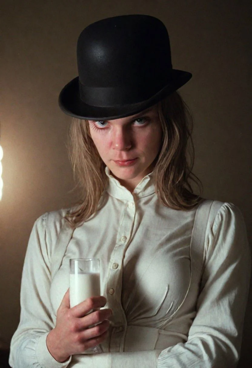 Co-style, Closeup clockwork orange guy as Busty female Beauty drinking Glass Milk, Cleavage, melon hat, high collar blouse, Perfect Hands, Long Hair,
very detailed, atmospheric haze, Film grain, cinematic film still, shallow depth of field,
highly detailed, high budget, cinemascope, moody, epic, OverallDetail, gorgeous, 2000s vintage RAW photo, photorealistic, candid camera, color graded cinematic, eye catchlights, atmospheric lighting, skin pores, imperfections, natural, shallow dof