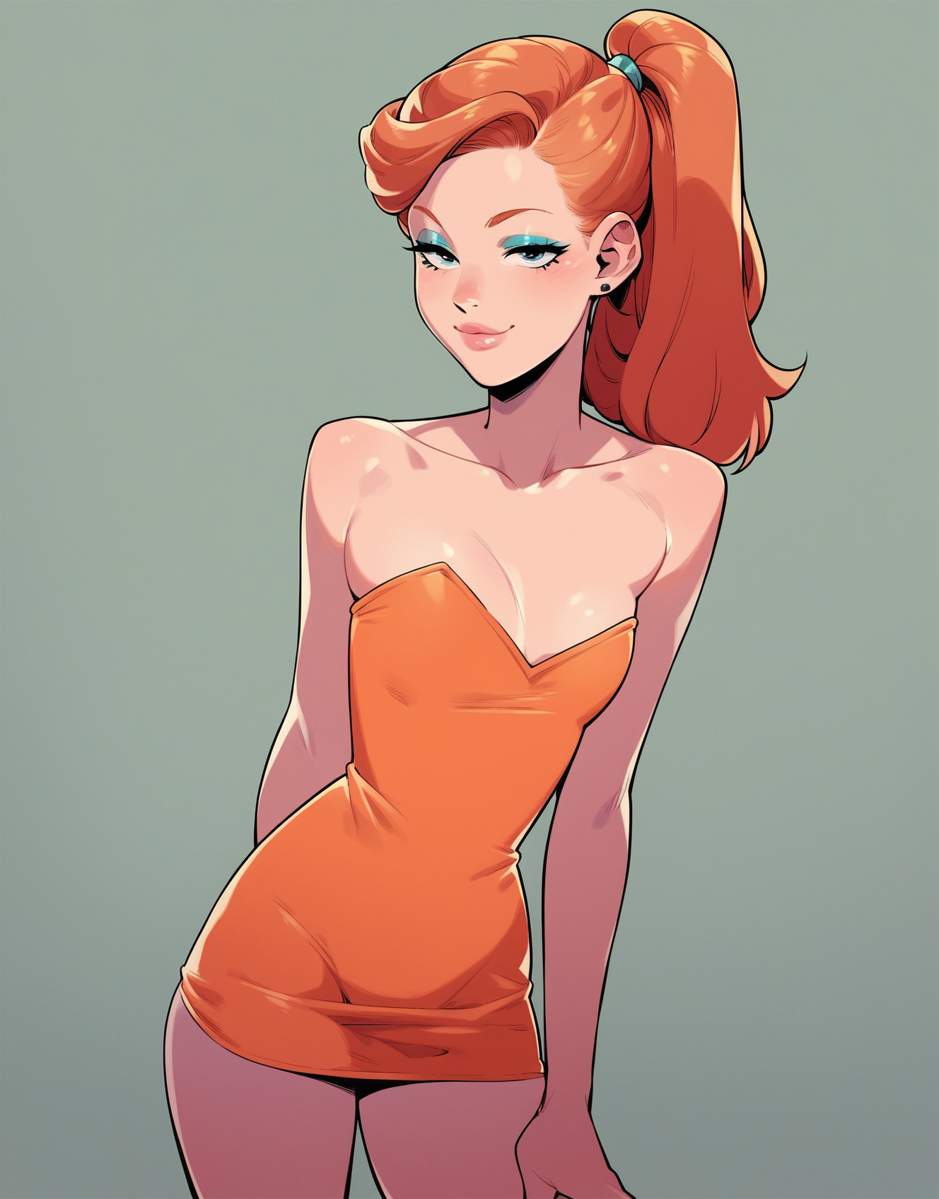 score_9, score_8_up, score_7_up, score_6_up, flat color, makeup, solo, standing, bedroom eyes, looking at viewer, orange hair, ginger, ponytail, short dress, small breasts, strapless, sleeveless, <lora:Tekuho_Art_Style:1>