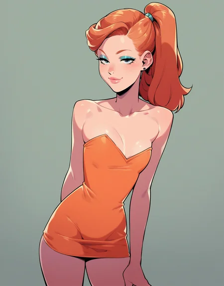 score_9, score_8_up, score_7_up, score_6_up, flat color, makeup, solo, standing, bedroom eyes, looking at viewer, orange hair, ginger, ponytail, short dress, small breasts, strapless, sleeveless, <lora:Tekuho_Art_Style:1>