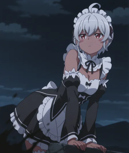 official art, absurdres, highres, anime coloring, hi res, best quality, masterpiece, 2d, intricate details, 4k,
1girl, solo, female, nose, blush stickers, short hair, red eyes, ahoge, white hair, grey hair, dark skin, dark-skinned female,
maid, maid headdress, maid apron, roswaal mansion maid uniform, detached sleeves, lace, lace trim, cosplay, alternate costume,
cowboy shot, contrapposto, leaning forward, arm support,
(night, darkness, black theme:1.3), depth of field, mountainous horizon, black background, cloud, cloudy sky, <lora:Eris_(Character)_ILXL:1>,