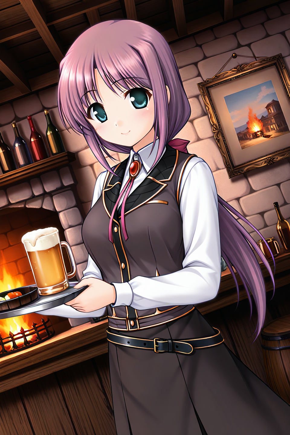 masterpiece, best quality, absurdres, official art, official style, rating generael BREAK <lora:lavria_IL_v1-1:0.7>, lavria, 1girl, solo, aqua eyes, green eyes, purple hair, very long hair, parted bangs, hair intakes, sidelocks, low ponytail, hair bow, pink bow, medium breasts BREAK large breasts, brooch, bolo tie, black vest, black collar, white shirt, dress shirt, collared shirt, long sleeve shirt, belt, belt buckle, skirt set, black skirt, long skirt, looking at viewer BREAK indoors, blush, smile, walking, holding tray, plate, looking at viewer, bottle, barrel, painting, shelf, counter, picture frame, brick wall, wine bottle, wooden wall, closed mouth, table, fireplace, hands on own chest, cowboy shot, glass, beer mug, frying pan, drinking glass, bucket, dutch angle, painting on wall, bar \(place\:1.1)