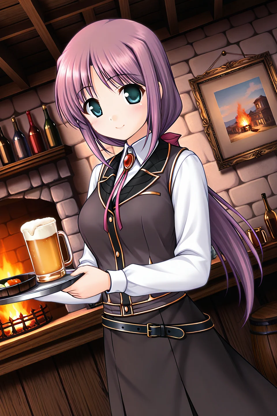 masterpiece, best quality, absurdres, official art, official style, rating generael BREAK <lora:lavria_IL_v1-1:0.7>, lavria, 1girl, solo, aqua eyes, green eyes, purple hair, very long hair, parted bangs, hair intakes, sidelocks, low ponytail, hair bow, pink bow, medium breasts BREAK large breasts, brooch, bolo tie, black vest, black collar, white shirt, dress shirt, collared shirt, long sleeve shirt, belt, belt buckle, skirt set, black skirt, long skirt, looking at viewer BREAK indoors, blush, smile, walking, holding tray, plate, looking at viewer, bottle, barrel, painting, shelf, counter, picture frame, brick wall, wine bottle, wooden wall, closed mouth, table, fireplace, hands on own chest, cowboy shot, glass, beer mug, frying pan, drinking glass, bucket, dutch angle, painting on wall, bar \(place\:1.1)