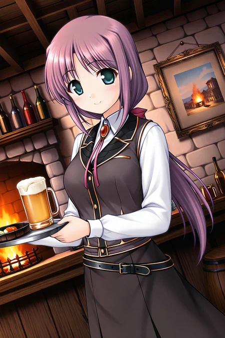 masterpiece, best quality, absurdres, official art, official style, rating generael BREAK <lora:lavria_IL_v1-1:0.7>, lavria, 1girl, solo, aqua eyes, green eyes, purple hair, very long hair, parted bangs, hair intakes, sidelocks, low ponytail, hair bow, pink bow, medium breasts BREAK large breasts, brooch, bolo tie, black vest, black collar, white shirt, dress shirt, collared shirt, long sleeve shirt, belt, belt buckle, skirt set, black skirt, long skirt, looking at viewer BREAK indoors, blush, smile, walking, holding tray, plate, looking at viewer, bottle, barrel, painting, shelf, counter, picture frame, brick wall, wine bottle, wooden wall, closed mouth, table, fireplace, hands on own chest, cowboy shot, glass, beer mug, frying pan, drinking glass, bucket, dutch angle, painting on wall, bar \(place\:1.1)