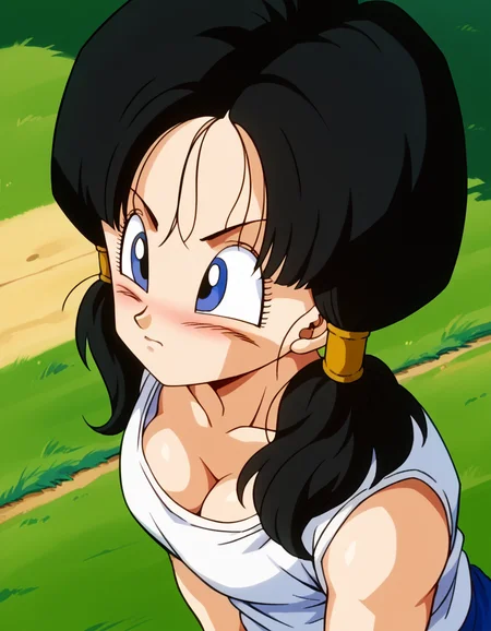 score_9, score_8_up, score_7_up, source_anime, <lora:dbz-videl-anime-ponyxl-lora-nochekaiser:1>, videl, black hair, blue eyes, eyelashes, parted bangs, twintails, medium breasts,, <lora:downblouse-from-behind-ponyxl-lora-nochekaiser:1>, downblouse from behind, downblouse, from behind,, blush, tank top, white tank top, cleavage, from above, nape, head down, looking at viewer, looking back, looking up, sideways glance,,