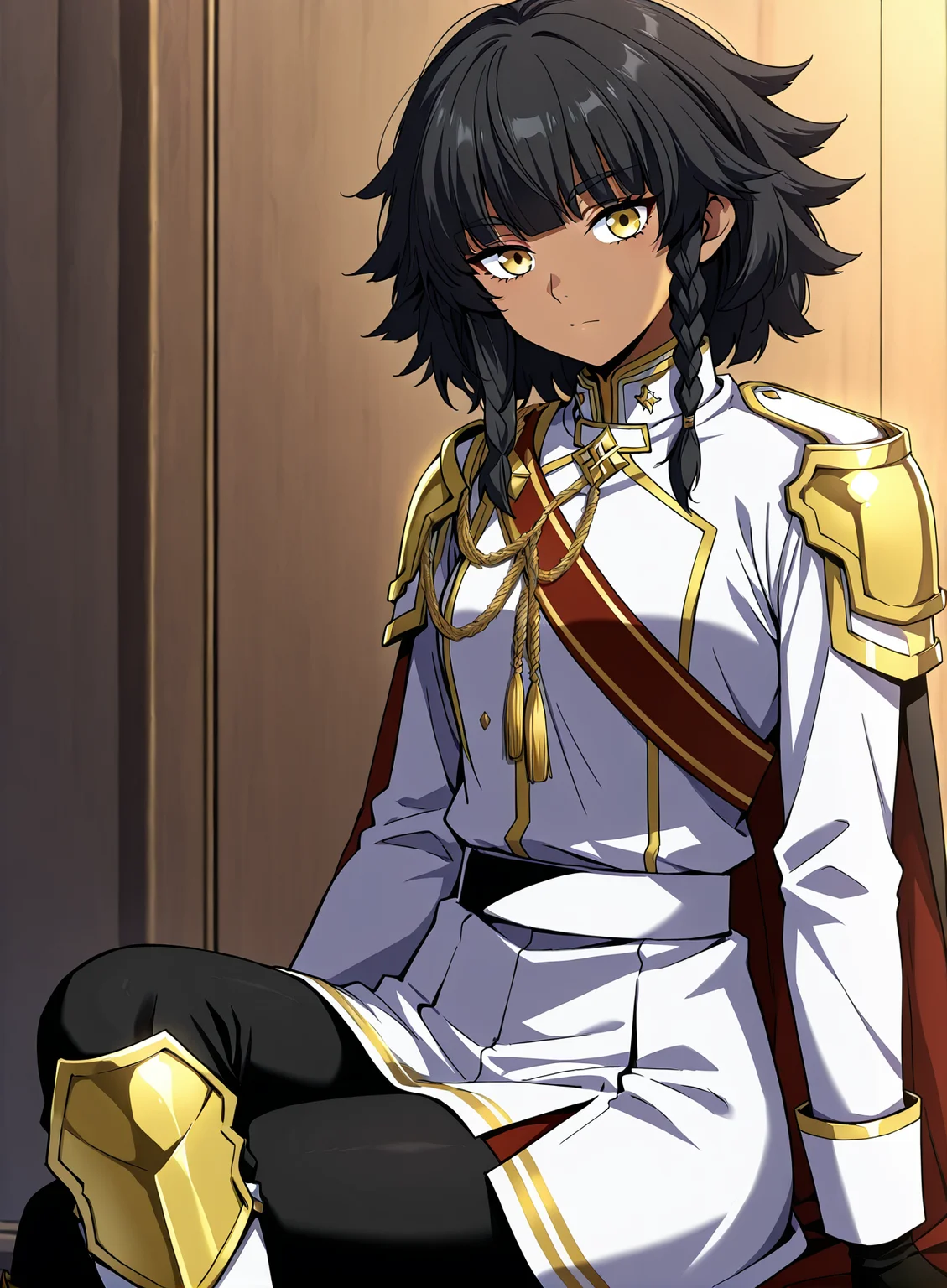 <lora:Mica_Earthborn__The_Beginning_After_the_End__Illustrious:1>
1 girl, solo, dark skin, golden eyes, short black hair, uneven bangs, side braid, layered hair, messy hairstyle,
white military uniform, golden shoulder guards, gold accents, red sash, gold rope tassel, high collar, cape with gold tri
score_9, score_8_up, score_7_up, very aesthetic, (Anime_source),Masterpiece,(perfect female body:1.2), small waist,(incredibly detailed:1.4), slim, looking at viewer, sitting, crossed legs,