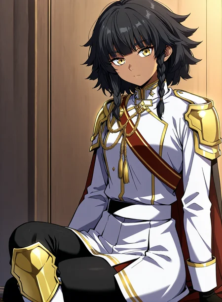 <lora:Mica_Earthborn__The_Beginning_After_the_End__Illustrious:1>
1 girl, solo, dark skin, golden eyes, short black hair, uneven bangs, side braid, layered hair, messy hairstyle,
white military uniform, golden shoulder guards, gold accents, red sash, gold rope tassel, high collar, cape with gold tri
score_9, score_8_up, score_7_up, very aesthetic, (Anime_source),Masterpiece,(perfect female body:1.2), small waist,(incredibly detailed:1.4), slim, looking at viewer, sitting, crossed legs,