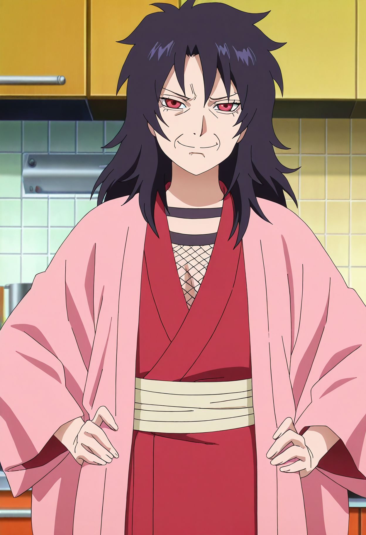 <lora:yuuhi_kurenai_v1b_pny:1> yuuhi_kurenai, solo, 1girl, black hair, long hair, red eyes, japanese clothes, red kimono, pink haori, beige obi, fishnet top, old woman, smile, indoors, hands on hips, annoyed, looking at viewer, indoors, kitchen, source_anime, anime screencap