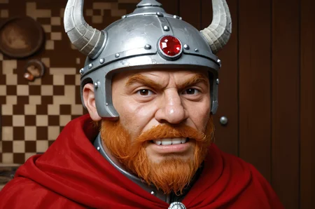 score_9, score_8_up, score_7_up, BREAK,
heroes2, from front, from side, looking at viewer, face focus, head shot, jovial, male, fat, red cloak, silver helmet, silver horns, red jewels, orange beard, grimace, excited, grin, dwarf, checkered background, dark, indoors, brown background, clenched teeth,
, <lora:HoMMv6_S98:1>,