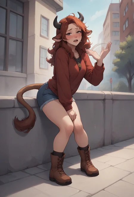 score_9, score_8_up, score_7_up, expressiveh, expressive, looking at viewer,(human),  
boots, denim shorts, red shirt, long curly red hair, freckles, redhead, small breasts, (fanning herself)
outdoors, sidewalk, building, urban, city, sitting, leaning forward, (panting:1.4), (brething heavily), (being hot), , (blushing:1.2), (sweating:1.2), (fanning self1.4), nervous,
cow horns, (cow_tail:1.2),