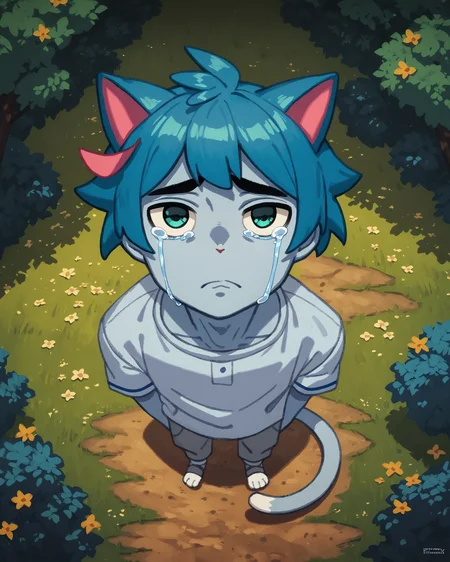 score_9, score_8_up, score_7_up, score_6_up, 1boy, solo, upper_body, outside, detail background, in forest, (from above:1.1), (fisheye:1.1), (extreme_perspective:0.5), (chibi:0.3), looking at viewer, beautiful anime eyes,
(crying:1.1),
detailded lips,
sima /(vkontakte/), tail, sima (vkontakte), cat ears, blue skin color, hair bow, (blue hair color:1.1), <lora:sima:0.85>
(kelvin hiu:0.5),
d4rk01l, <lora:d4rk01lXLP:0.1>
garainy palaroid <lora:Concept Art Ultimatum Style LoRA_Pony XL v6:1>
<lora:lozhkin_pony:0.3> lozhkin,