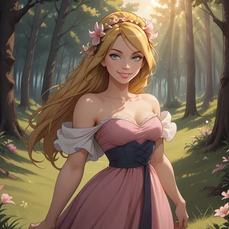 score_9, score_8, BREAK, solo, blonde hair, long hair, flower hairband, blue eyes, pink lips, lipstick, pink long dress, off shoulder dress, breasts, barefoot, Giselle_(Enchanted), cute, sexy pose, self portrait, smile, outdoors, sunlight, shadows, evening lighting, natural lighting, forest, trees, grass, orange sky, sunset