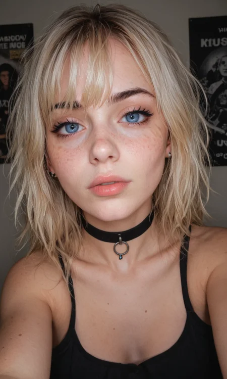 4k selfie with a crazy expression, goth girl, deep focus, split-diopter lens, focus on her eyes, choker, cluttered bedroom, posters on walls, warm lighting, long shaggy blonde, bangs between eyes, dark blue eyes, freckles, blush, natural lips, natural eyes, messy hair, black eyebrows, piercings, tattoo, taking a selfie, bent forward,