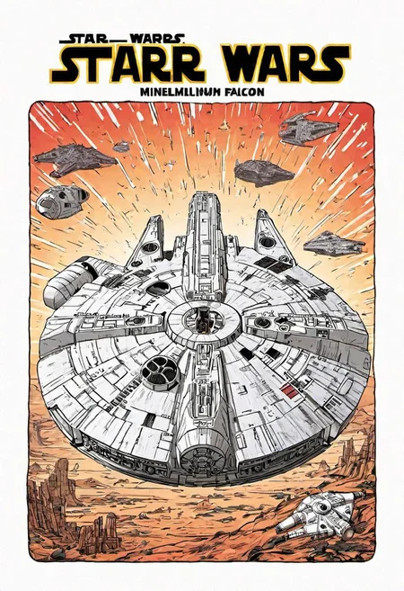 Manga book cover of star wars Millennium Falcon, side view, book cover with text "Star Wars", Akira toriyama style , blank background , full colour, hand drawing