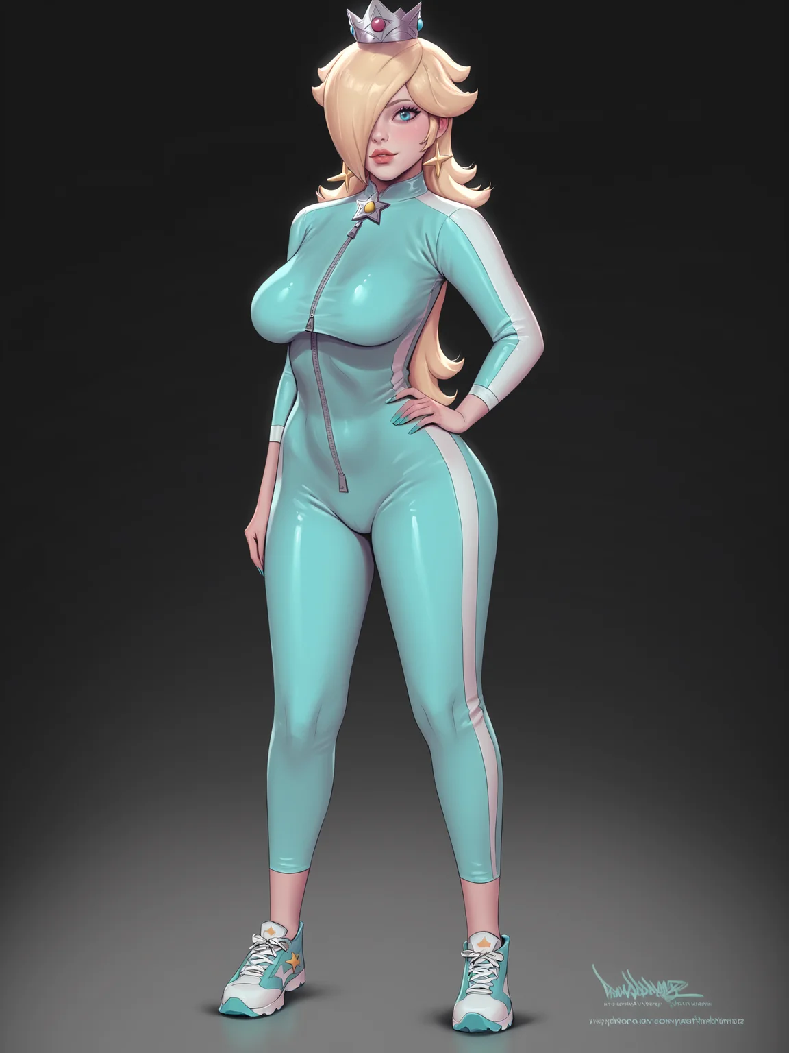 score_9, score_8_up, score_7_up, score_6_up, score_5_up, score_4_up,
BREAK
1girl, rosalina, biker rosalina, blonde hair, hair over one eye, crown,
BREAK
solo, standing, cyan bodysuit, black bodysuit, bikesuit,
BREAK
black background, simple background, realistic, <lora:Lunas-Pinkdrawz-SDXL-A1:1>